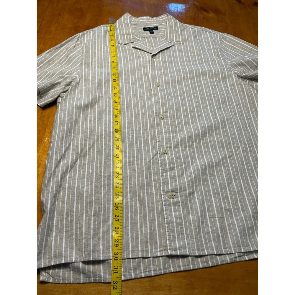 Banana Republic Mens XL Linen Blend Striped Short Sleeve Camp Collar Shirt Tan